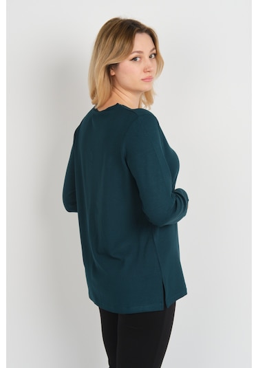 Detay Triko Kadın Boncuk İşlemeli Süs Düğme Detaylı Uzun Kol Anne Bluz 5752 Zümrüt Zümrüt