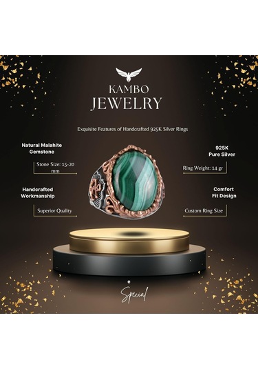 Doğal Malakit Taşlı Yüzük, Denizci Halat Yüzüğü - Canlı 925 Ayar Katı Gümüş Erkek Yüzüğü Gümüş