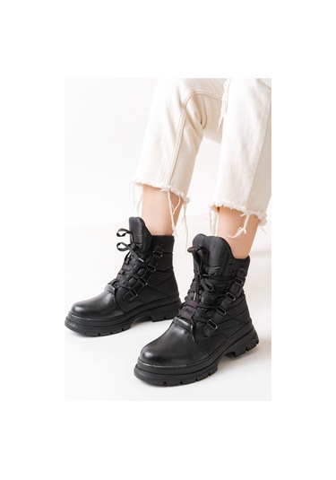 Asm-083 Siyah Bağcıklı Su Geçirmez Kadın Kar Botu-a Siyah Cilt Siyah