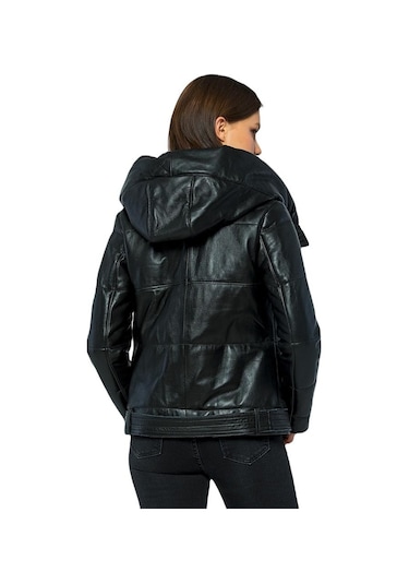 Basics&more Kadın Kapüşonlu Şişme Hakiki Deri Ceket - Elle 001