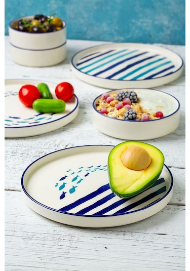 Kevin Seramik Marin Serisi 14 Parça 6 Kişilik Kahvaltı Takımı Beyaz - Mavi