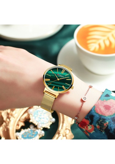 Padalink Curren Kadın Kuvars Saat, 3atm Su Geçirmez, Zümrüt Rengi Ağı Tel Bantlı, Altın Kasa, Klasik Tasarım, Kol Saati Gold