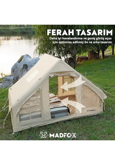 Madfox Bigless Glamping Cotton Inflatable Şişme Çadır Baca Çıkışlı Bej