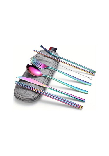 Katlanır Sofra 304 Paslanmaz Çelik Kore Bıçak Çatal Kaşık Çubuklarını Saman Taşınabilir Sofra Seti Seyahat Çubuklarını Çok Renkli