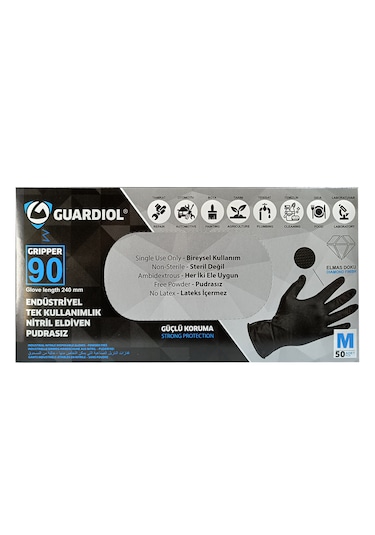 Guardiol Nitril Siyah Eldiven Çift Yönlü Tırtıklı M Beden 50 Adet