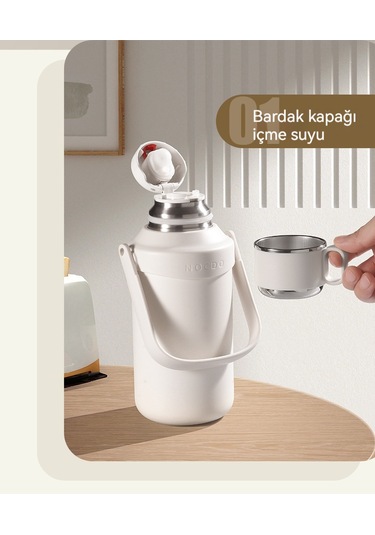 Relaxed Taşınabilir 316 Açık Hava Sporları Büyük Kapasiteli Termos Bardak, Yüksek Görünümlü Vakumlu Soğuk Tutma Kolu Su Isıtıcısı-Beyaz 1.2 L