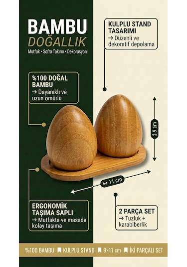 Makri Home Bambu Tuzluk & Karabiberlik Seti, Damla Tasarım, Stantlı Doğal Bambu Baharatlık Diğer