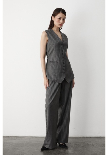 Antrasit Çok Düğmeli Çizgili Premium Takım Antrasit