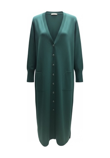 Kadın Önü Düğmeli V Yaka Cepli Mevsimlik Hırka Zümrüt