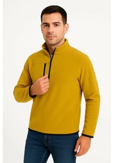 Erkek Polar Kazak Dik Yaka, Yarım Fermuarlı, Fermuarlı Göğüs Cepli, Siyah Biyeli, Kışlık Rahat Regular Fit Günlük Model - Sarı Sarı