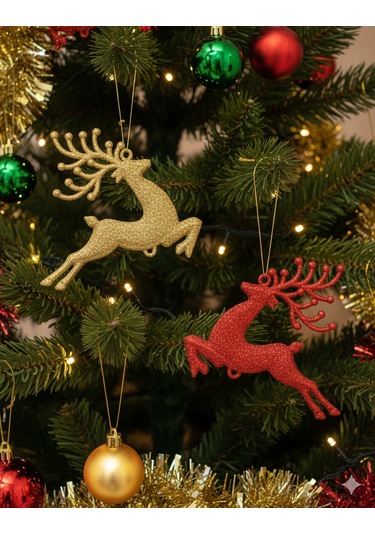 8 Cm 2'li Kırmızı Gold Simli Geyik Model Yılbaşı Ağaç Süsü Dekoratif Set