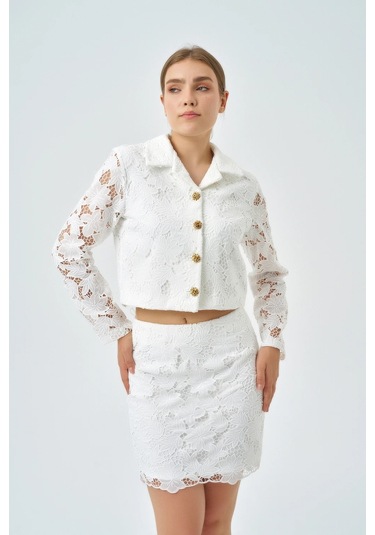 Modatalika Kadın Ceket Etek Dantel Özel Tasarım İkili Takım Ekru