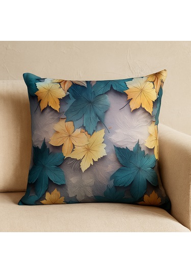 Sonbahar Yaprak Desenli Kırlent Kılıfı Turkuaz & Sarı Renkli, Dijital Duck Kumaş, Dekoratif Yastık 40 x 40