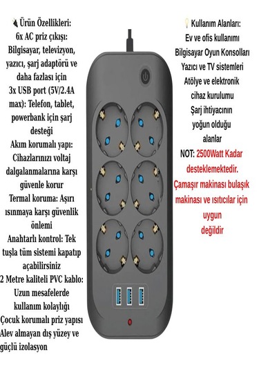 Ftr11 3xusb 6xsoket Termal Akım Korumalı 2 Metre Uzatma Kablolu A