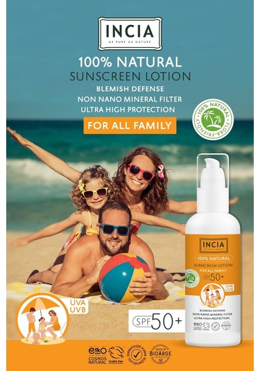 INCIA %100 Doğal Organik Tamanu Yağlı Güneş Losyonu Mineral Filtreli Tüm Aile İçin SPF 50+ 100 ML