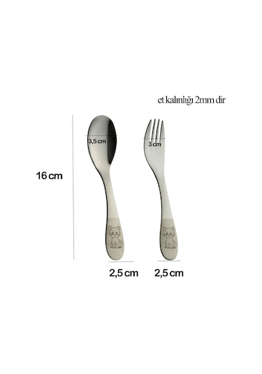Emze Çocuk Paslanmaz Çelik Çatal Kaşık Seti Kedi Desenli Gümüş