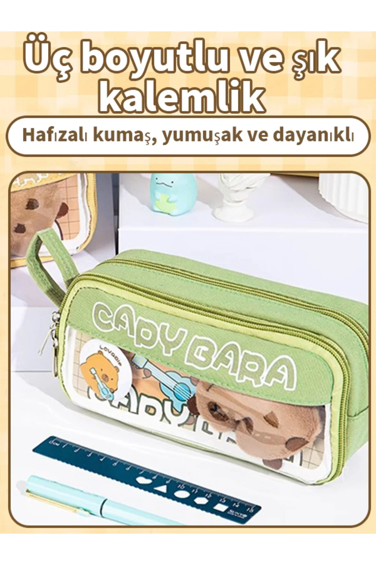 Capy Bara-40 Kalem Kapasiteli Çift Katlı Kalemlik Rastgele Broş & Oyuncak - Sütlü Kahverengi Sütlü Kahverengi
