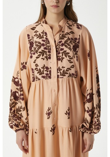 Modest Rosabella Pudra Kadın %100 Viskon Maksi Boy Katlı Balon Kol Uzun Yazlık Elbise Pudrasiyah