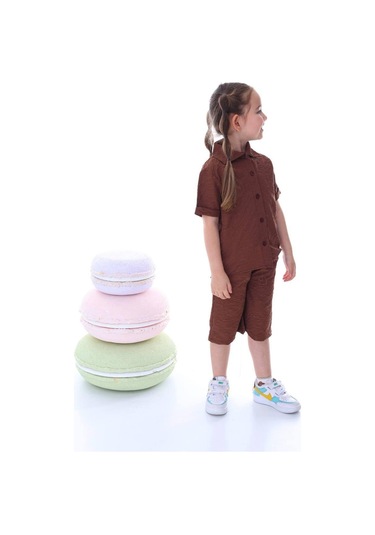 Kız Çocuk Desenli Gömlekli Takım-6369-Kahverengi