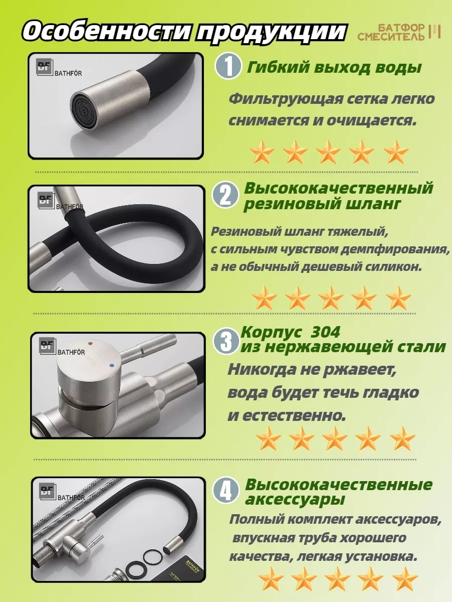 Bathfor Esnek Çıkışlı Mutfak Bataryası, Siyah Musluk 196533286 Siyah