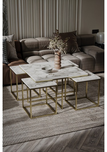 4+1 Gold Kaplama 18mm Beyaz Mermer Desen Orta Sehpa