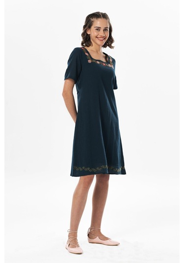 Kısa Kol Şile Bezi Kare Yaka Narin Kısa Yazlık Elbise Petrol Ptrl-petrol