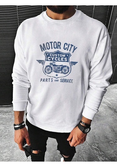 Coko Serisi Motorcycle & Letter Graphic Sweatshirt Beyaz--8448 Beyaz