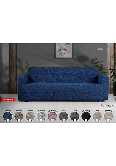 Strech Stil Jakarlı Koltuk Örtüsü - Naturel İndigo