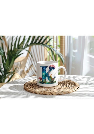 K Baş Harfi Fantastik Mantarlı Kupa Bardak - Kişiye Özel Masalsı Bardak - Hediye Beyaz