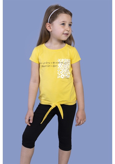 Toontoy Kız Çocuk Papatya Desenli Baskılı Taytlı Takım Sarı