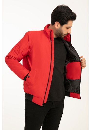 Montland Erkek Kırmızı İçi Astarlı Dik Yaka Mevsimlik Cepli Su Ve Rüzgar Geçirmez Mont Kırmızı