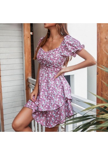 Aboe Diz Kısa Puf Kollu Kadın İlkbahar Yaz Elbisesi A-line Slash Boyun Yüksek Bel İnce Basamaklı Fırfır Çiçek Baskı S-xl Mavi