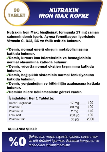 Nutraxin Iron Max 17 Mg 90 Tablet Avantajlı Paket - Gentle Iron, Vitamin C, B12, B6, 3 Aylık Kullanım