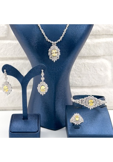 Pırlanta Montür Sitrin Taşlı 4'lü Gümüş Set Takım Gümüş