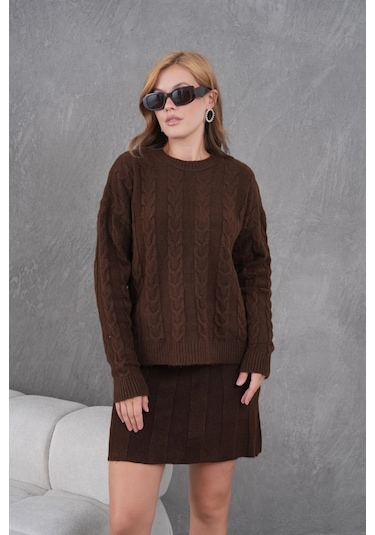Kadın Bisiklet Yaka Saç Örgü Kazak Etek İkili Triko Takım Kahve