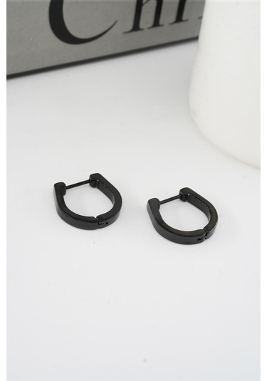 Kadın 316 L Paslanmaz Çelik 1.8 Cm Oval Model Küpe - Siyah