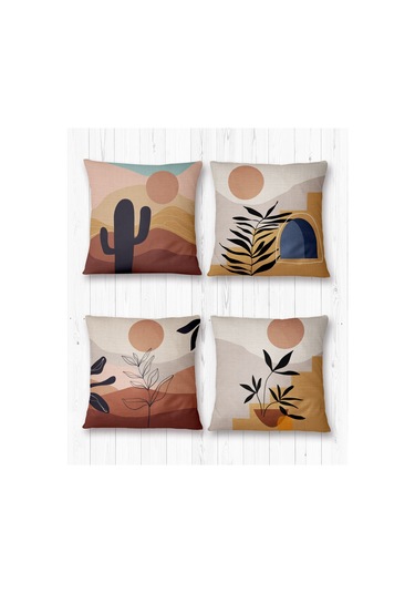 Soyut Gün Batımı Desenli-4 lü Kırlent Kılıf Seti -İki Tarafı