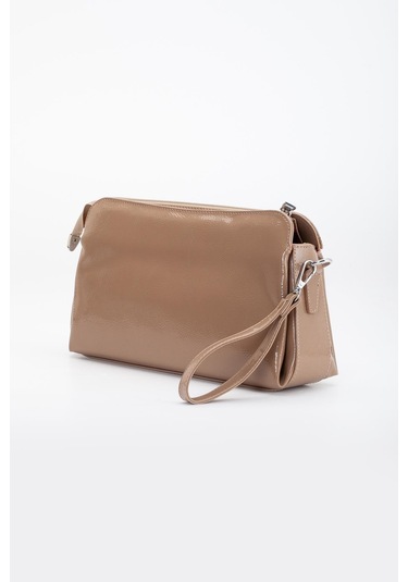 Kadın Portföy Cüzdan Çanta Vizon Rugan 3 Bölmeli Uzun Kısa Askılı-3227 Vizon