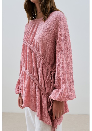 Büzgü Bağlamalı Dokulu Tunik Pembe Pembe