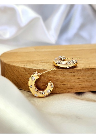 Yarım Halka Zirkon Taşlı Altın Kaplama Gold Renk Çelik Küpe