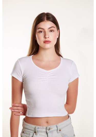 Kadın Fitted Crop Ön Yaka Bözgülü Fitilli Kollu Tshirt Atlet Bluz Beyaz