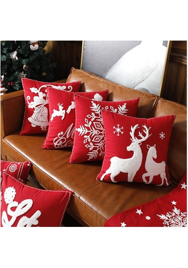 Ranyeek Noel Ev Dekorasyonu Kumaş Yastık Kılıfı, Pamuk Kumaşı, 45x45 Cm, Havlu Dikiş Desenli, Gizli Fermuar, Yıkama Kolay, Noel Stili Ev Dekoru Diğer