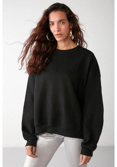 Grimelange Vaneltına İçi Polarlı 3 İplik Organik Pamuk Oversize Basic Bisiklet Yaka Kadın Sweatshirt - Siyah