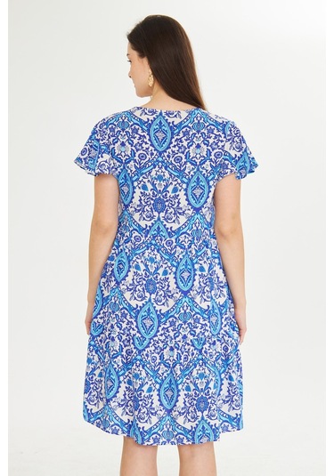 Mavi Yuvarlak Yakalı Kısa Mendil Kol Etnik Otantik Desenli Rahat Kesim A-line Kısa Elbise Mavi-beyaz