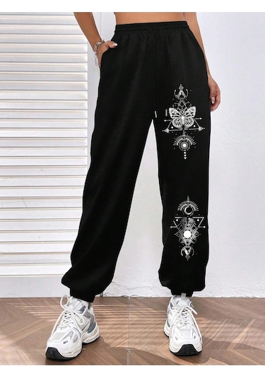 Butterfly Print Elastic Waist 4 Mevsim Eşofman Siyah