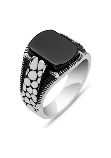 Siyah Oniks Taşlı Damar Desenli 925 Gümüş Yüzük Beyaz