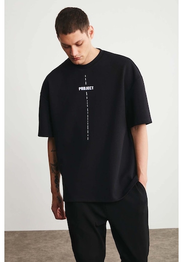 Grimelange Project Erkek Baskı Detaylı Oversize Fit %100 Organik Pamuk Örme Bisiklet Yaka Örme Siyah T-shirt