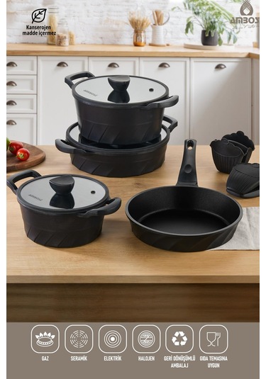 Vento 7 Parça Döküm Titanyum Kaplama Tencere Tava Seti Siyah Siyah