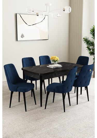 Mabel Siyah Mermer Desen 80x132 Açılabilir Yemek Odası Takımı 6 Adet Sandalye Lacivert