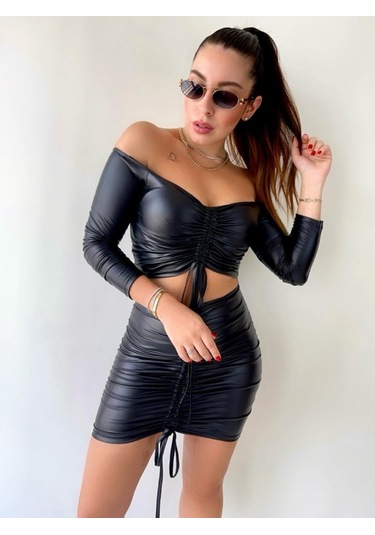 Munn Collection Kadın Büzgülü Deri Etek Takım Fırsat Ürün Siyah